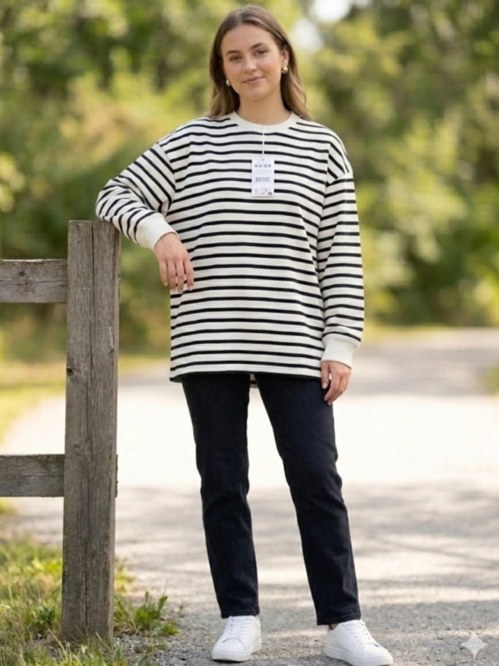 NA-KD Women's Black & White Striped Long-Sleeve Top. Size S
